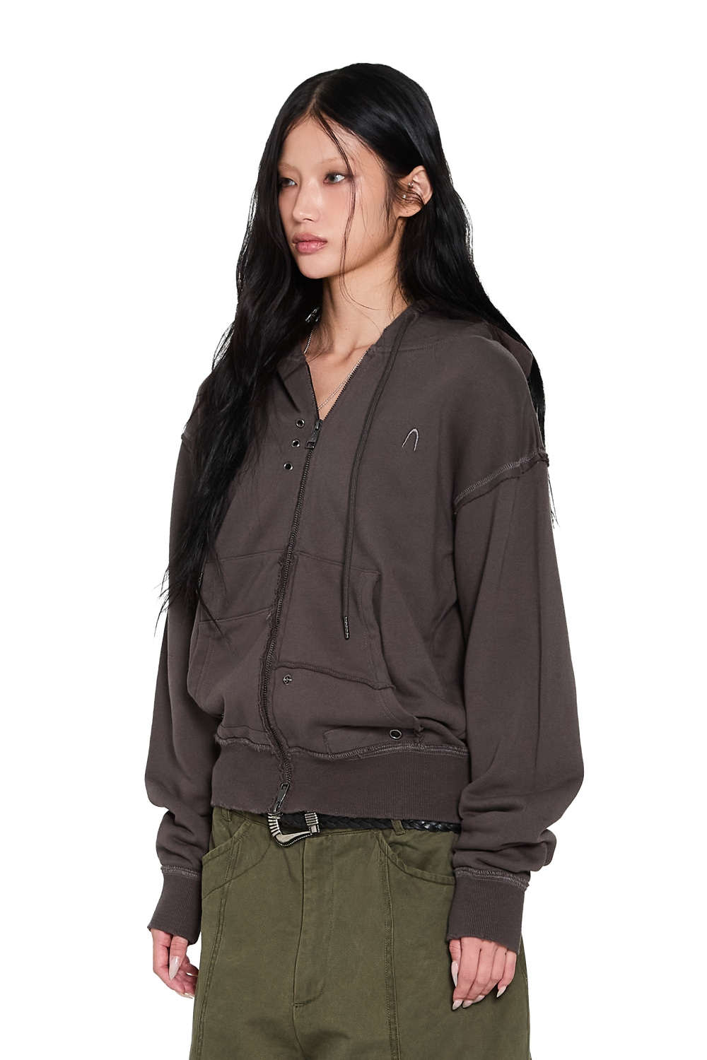 Eyelet Damaged Zip-Up Hoodie (Brown) - AAKAM