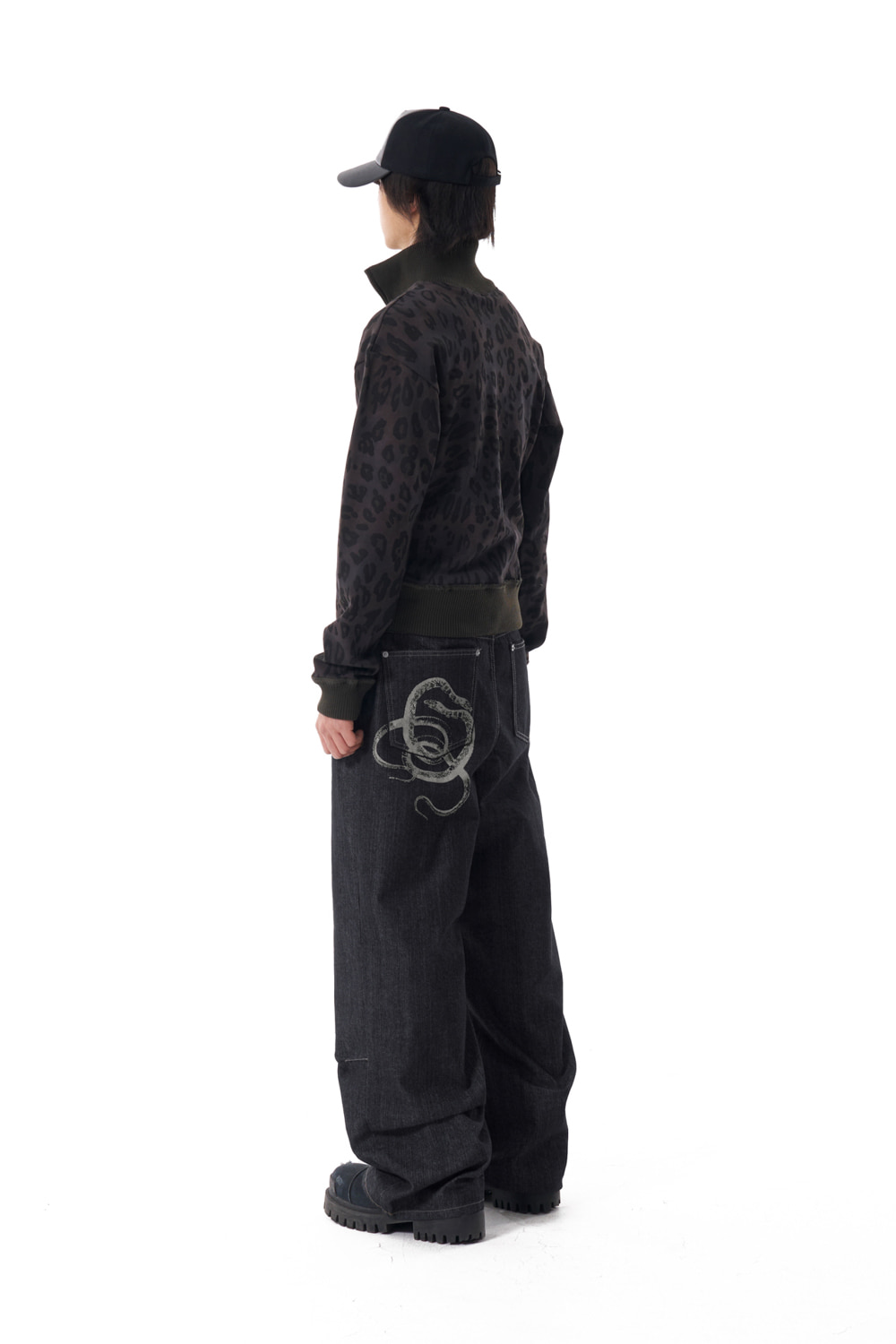 Snake Printed Denim Pants (Black) - AAKAM