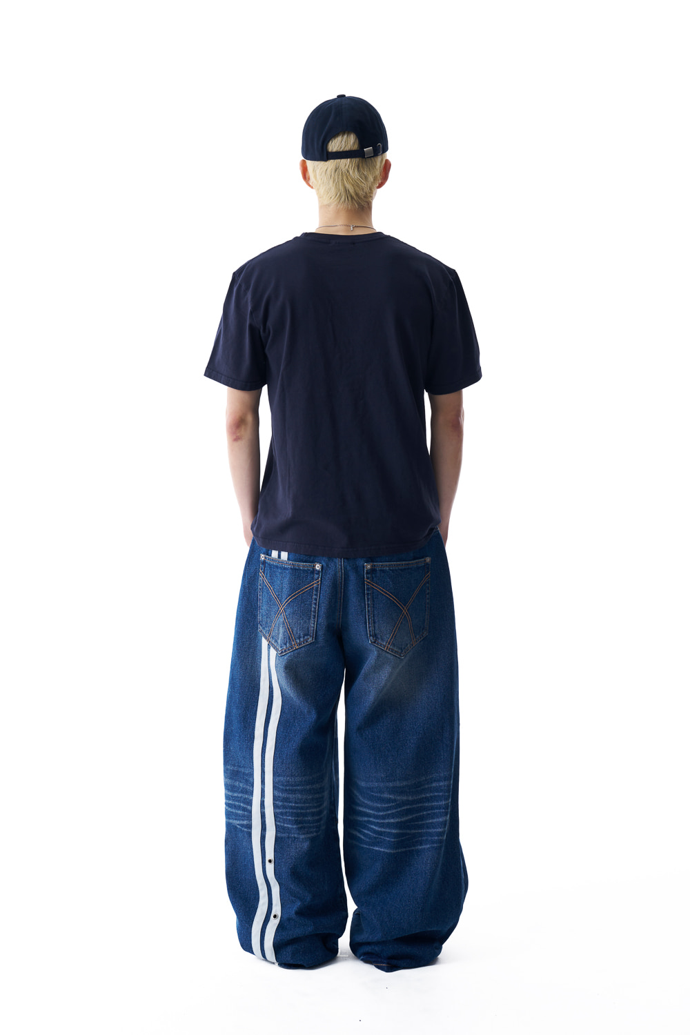 2-Lined Eyelet Washed Denim Pants (Blue) - AAKAM