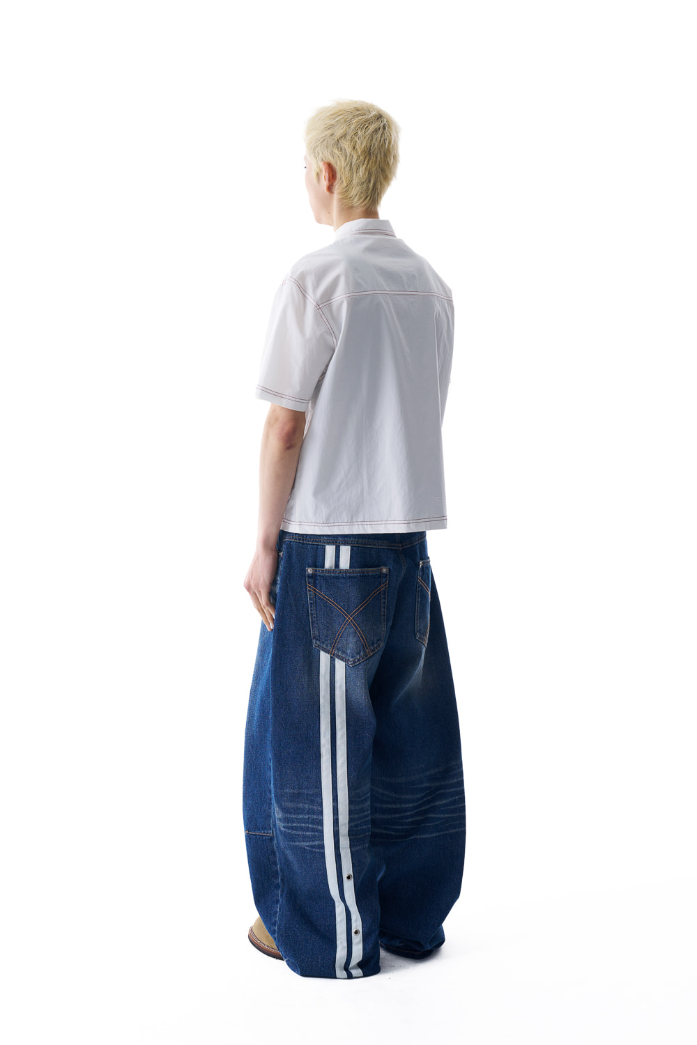 2-Lined Eyelet Washed Denim Pants (Blue) - AAKAM