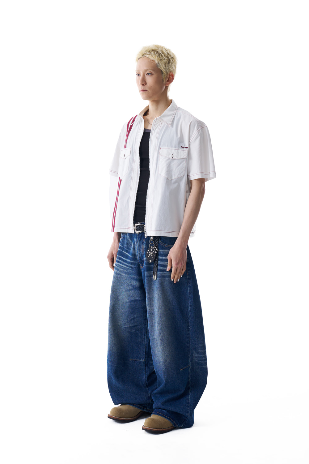 2-Lined Eyelet Washed Denim Pants (Blue) - AAKAM