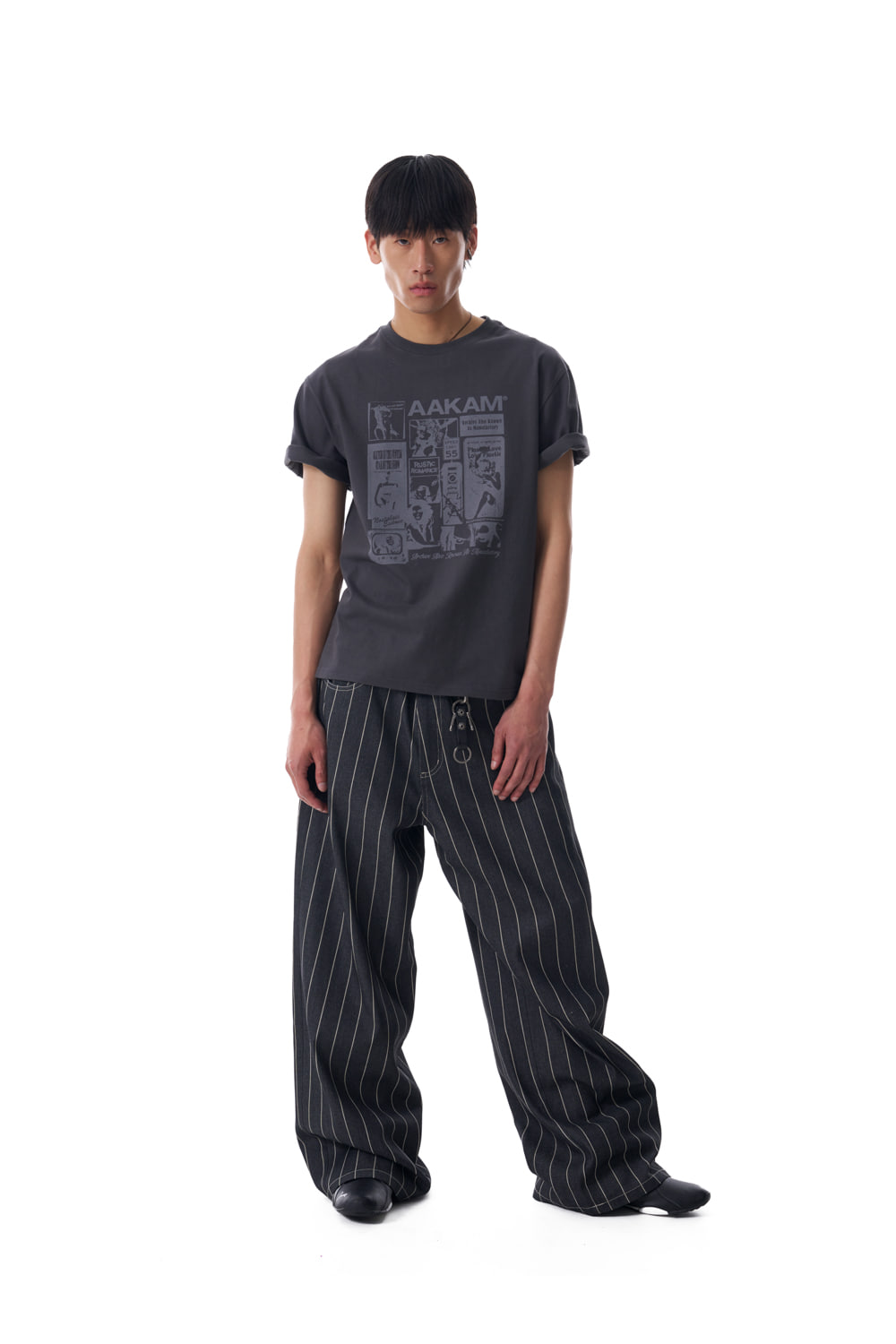 パンツ AAKAM Striped Cinch Back Denim Pants Striped Cinch Back Denim Pants (Black) - AAKAM