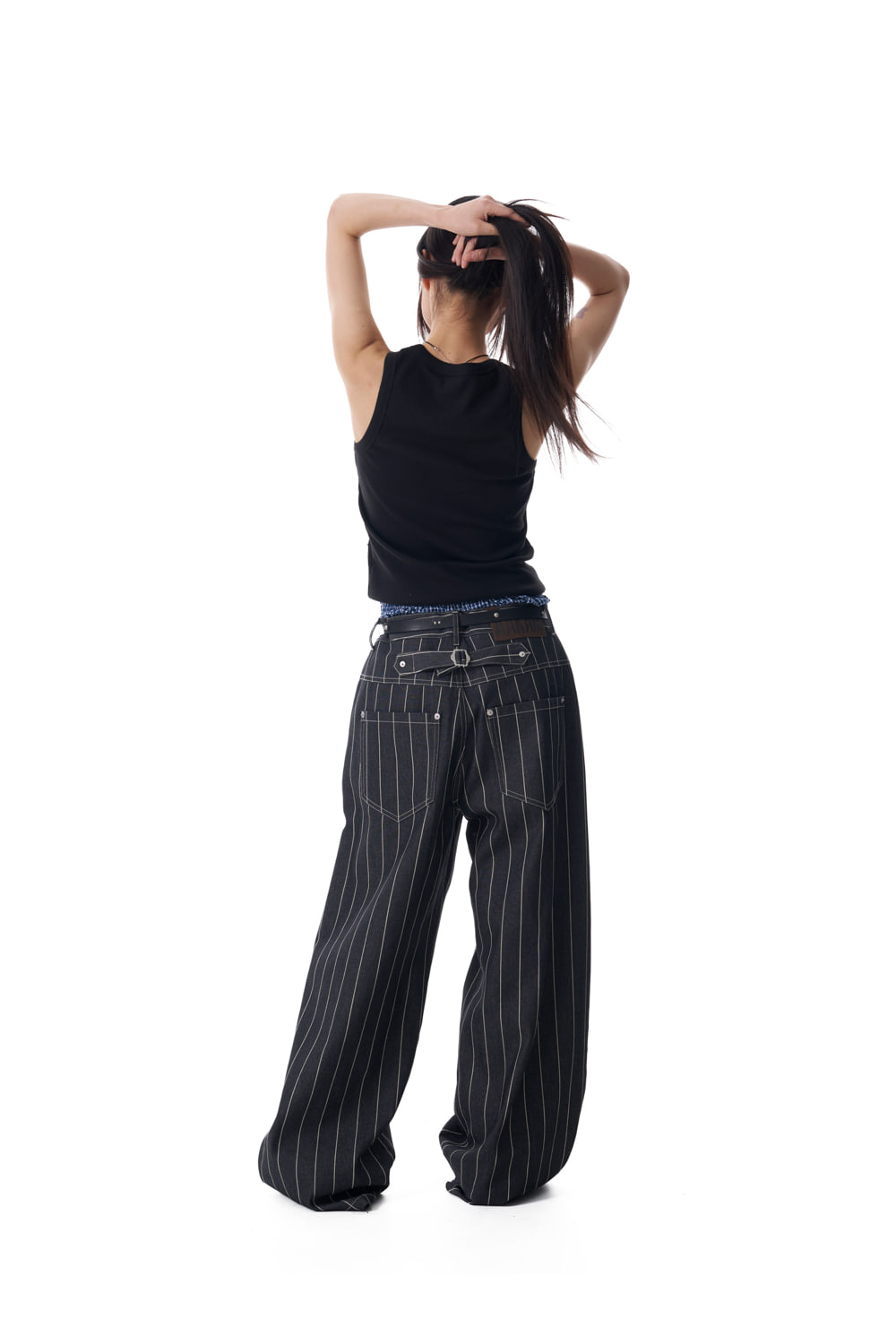 Striped Cinch Back Denim Pants (Black) - AAKAM