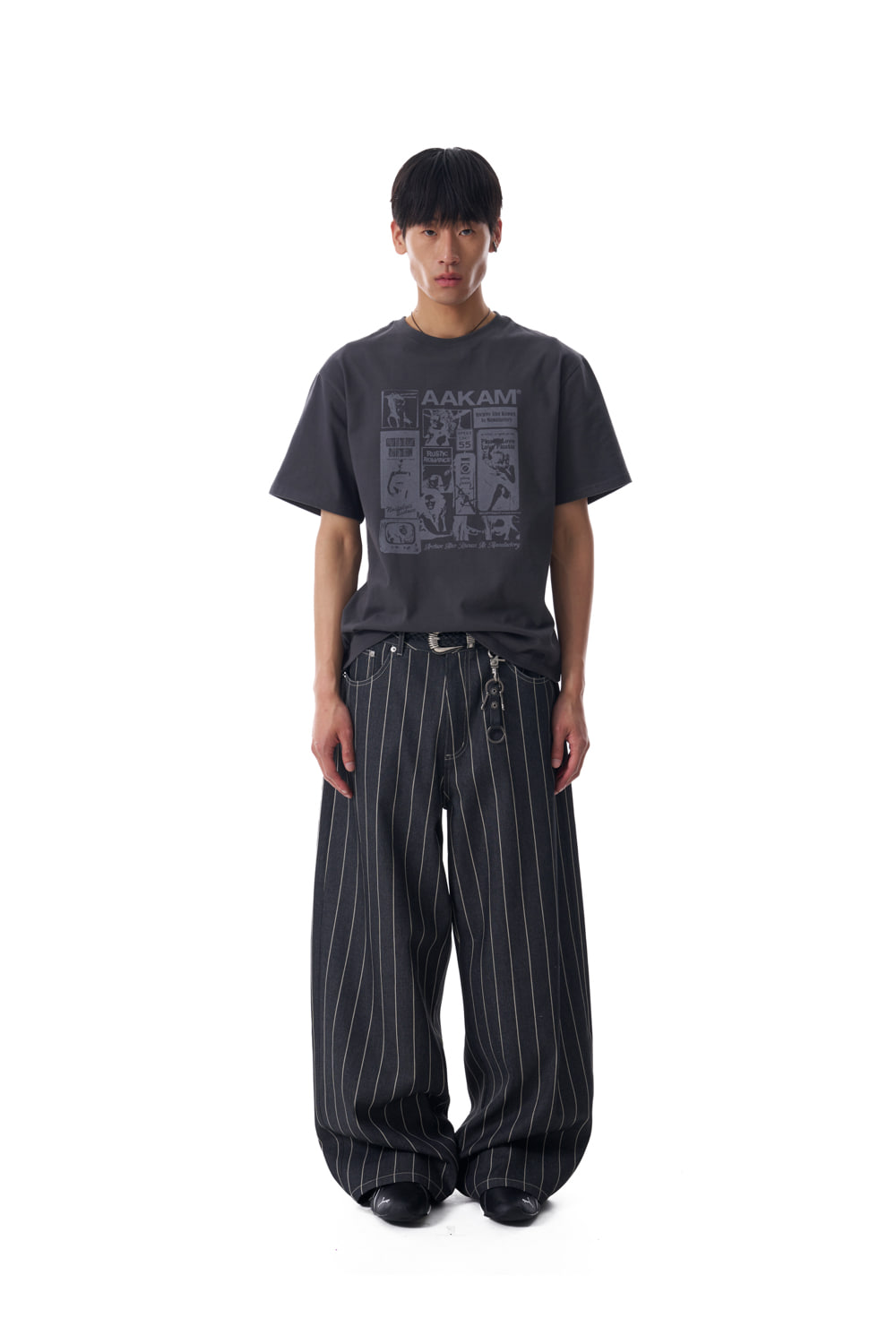 パンツ AAKAM Striped Cinch Back Denim Pants Striped Cinch Back Denim Pants (Black) - AAKAM
