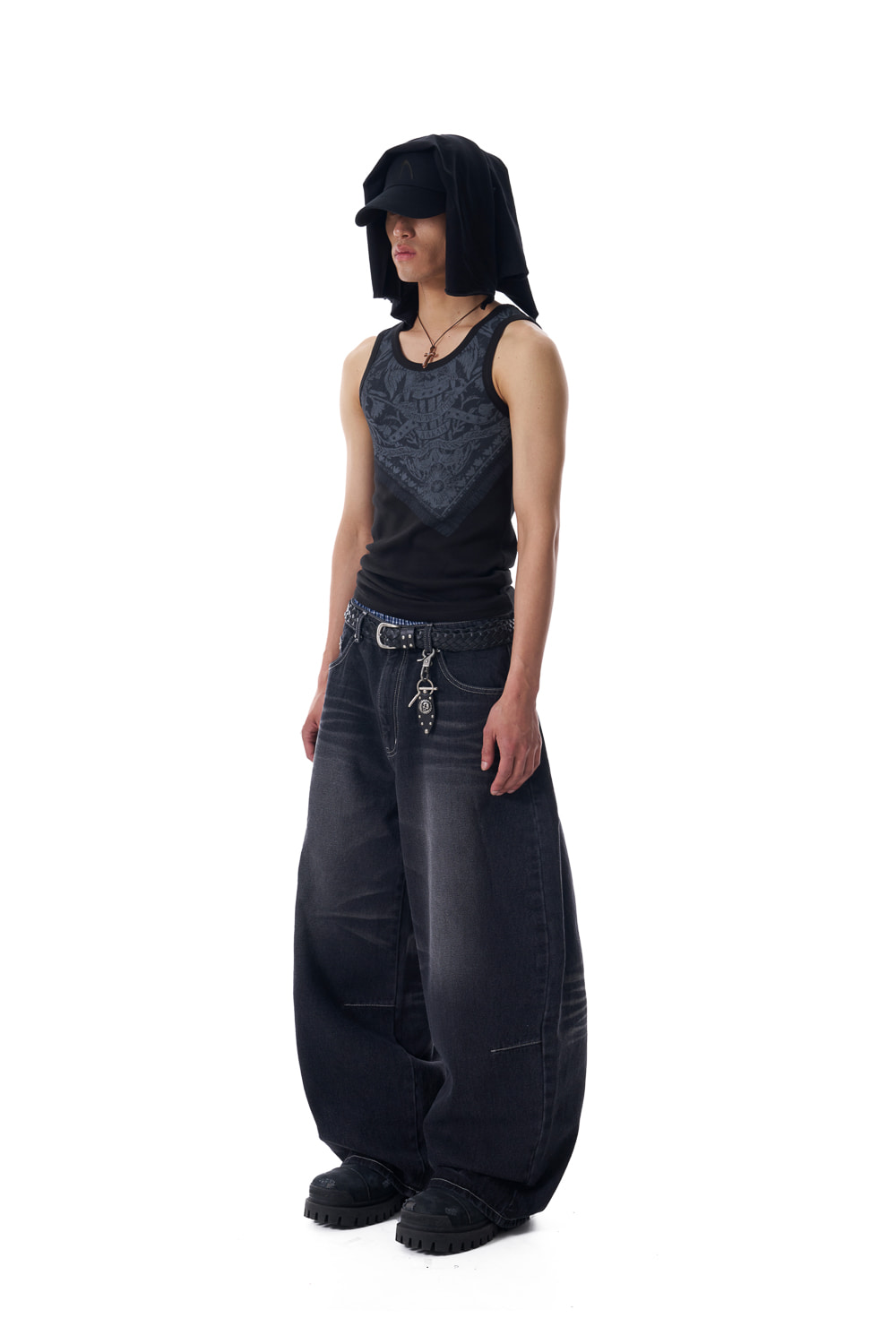 2-Lined Eyelet Washed Denim Pants (Black) - AAKAM