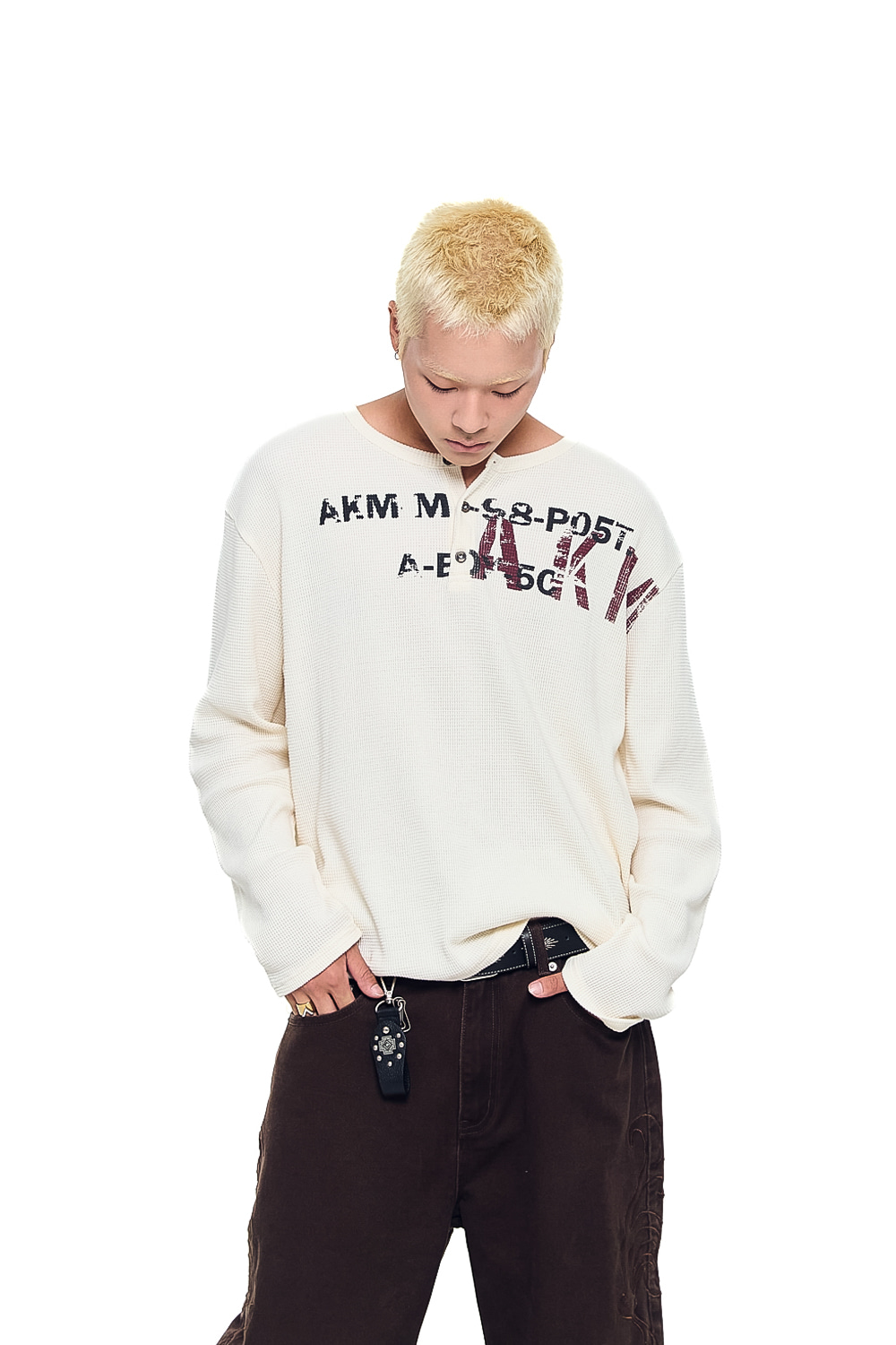 Waffle Henry Neck Long Sleeve (Ivory) - AAKAM