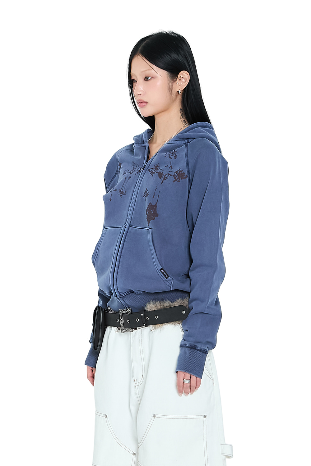 Pigment Dyed Cross Zip-Up Hoodie (Blue) - AAKAM