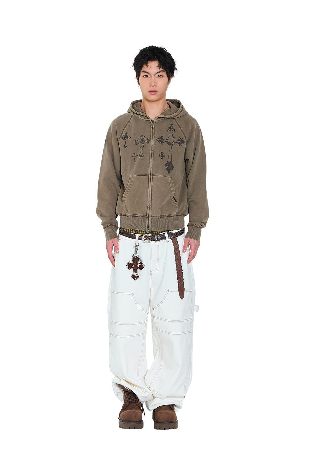 Pigment Dyed Cross Zip-Up Hoodie (Brown) - AAKAM Pigment Dyed Cross Zip-Up Hoodie (Brown) - AAKAM