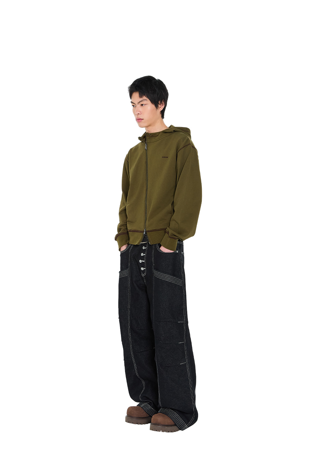 パンツ AAKAM Knee Pin-Tuck Stitched Denim Pants Knee Pin-Tuck Stitched Denim Pants (Black) - AAKAM