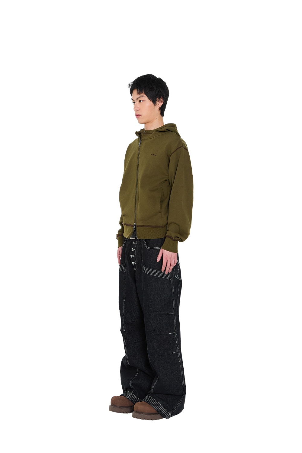 Knee Pin-Tuck Stitched Denim Pants (Black) - AAKAM