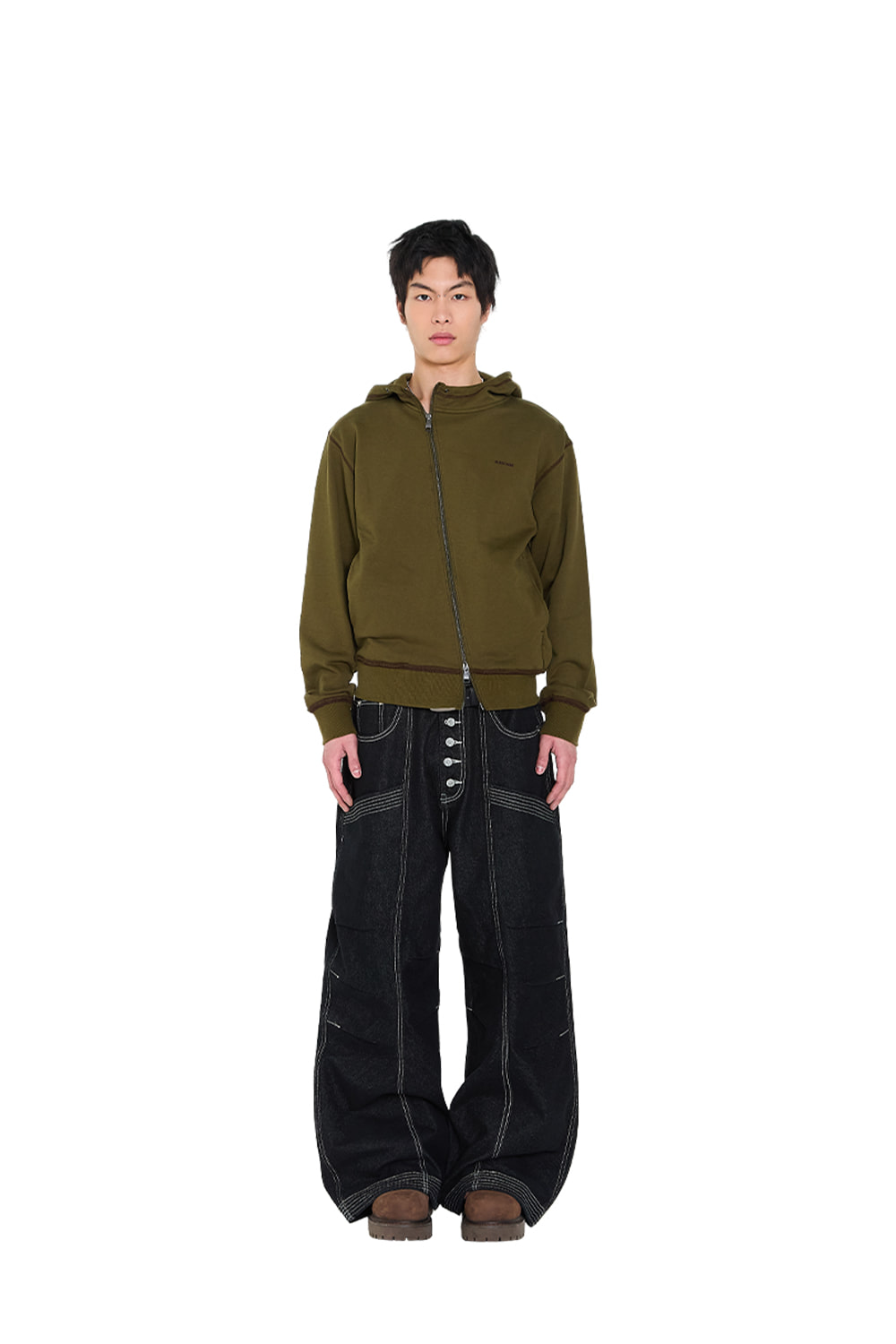 Knee Pin-Tuck Stitched Denim Pants (Black) - AAKAM