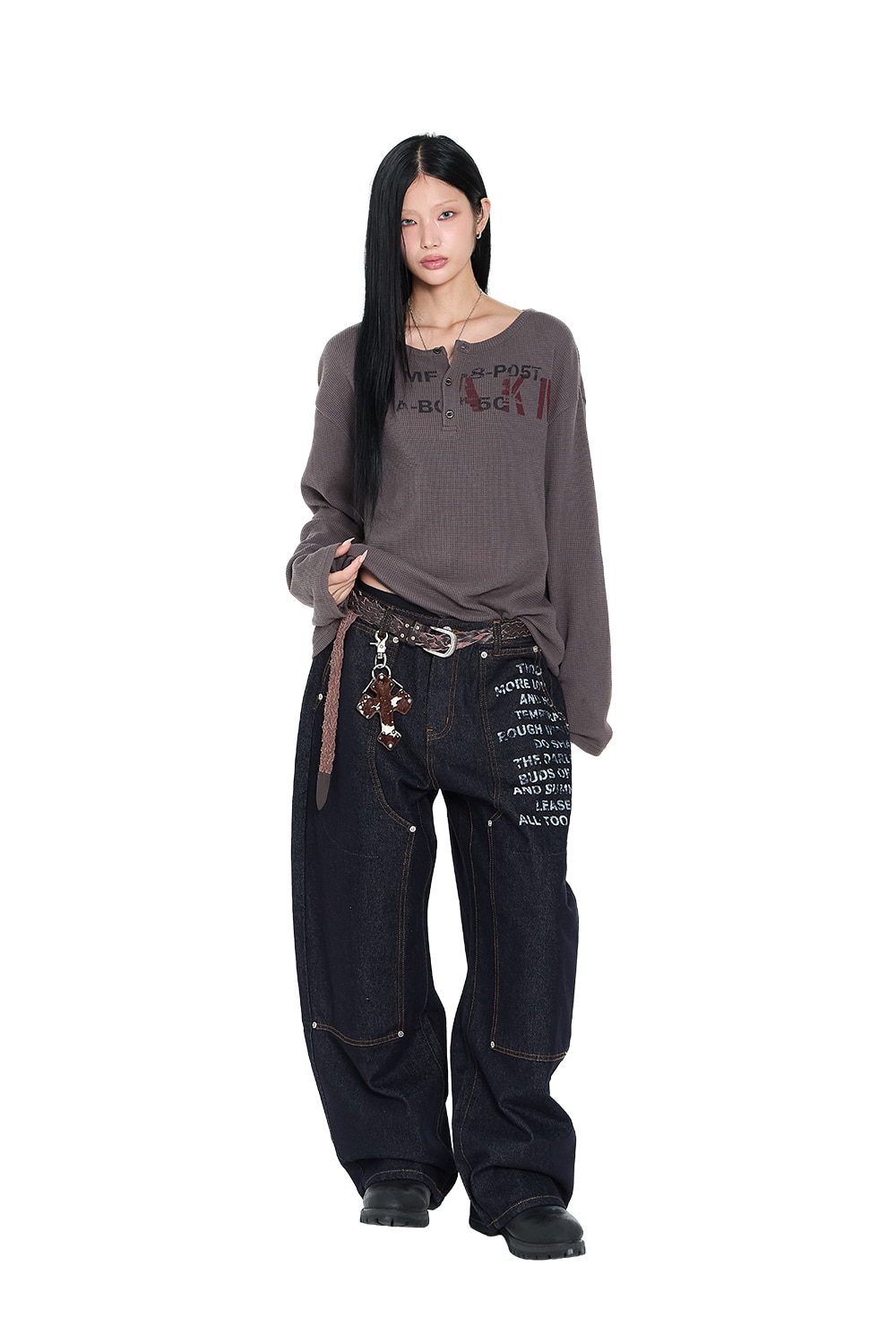 Waffle Henry Neck Long Sleeve (Brown) - AAKAM