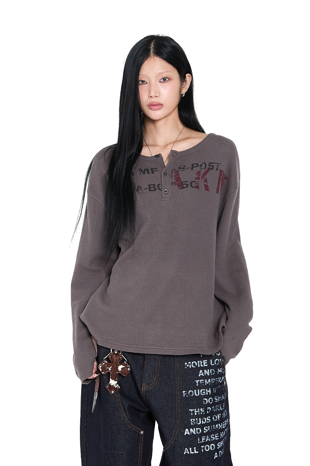 Waffle Henry Neck Long Sleeve (Brown) - AAKAM