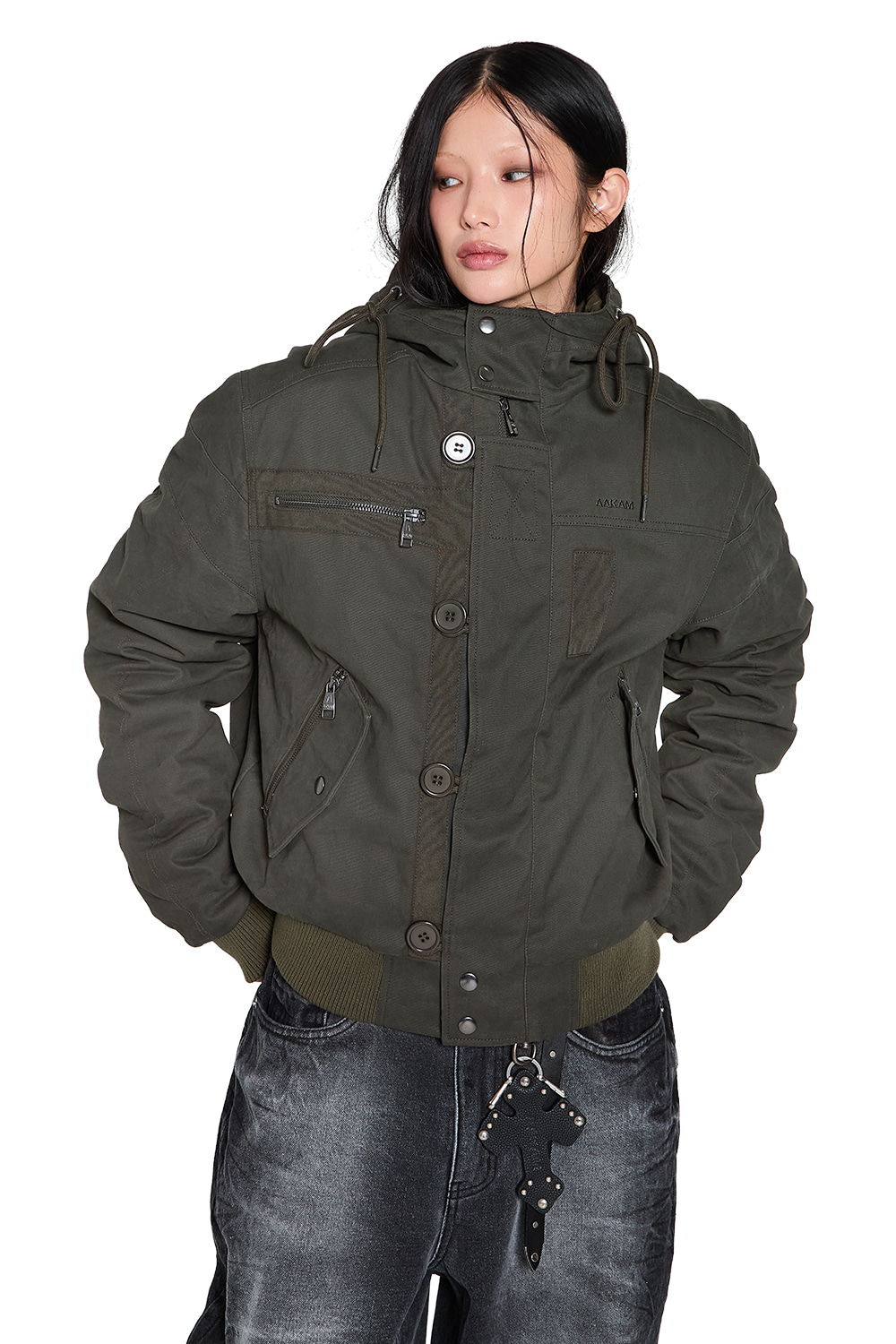 Button Placket Cotton Ma-1 Jacket (Khaki) | AAKAM
