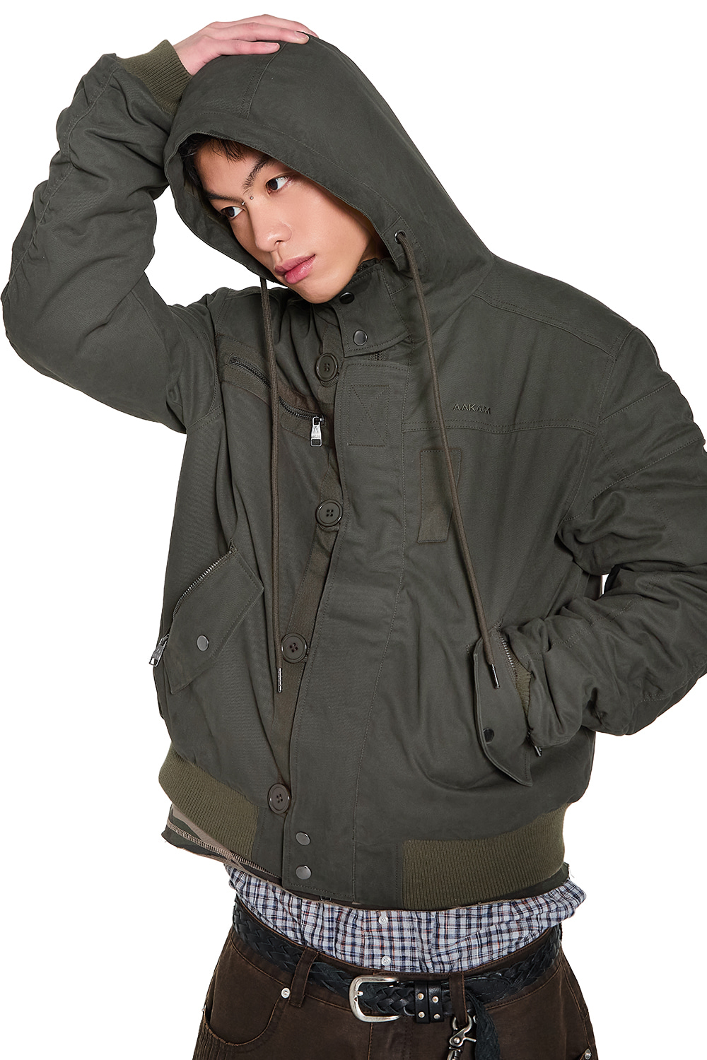 Button Placket Cotton Ma-1 Jacket (Khaki) | AAKAM