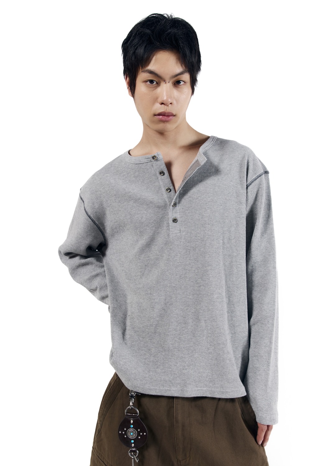 Henry Neck Waffle Long Sleeve (Gray) - AAKAM