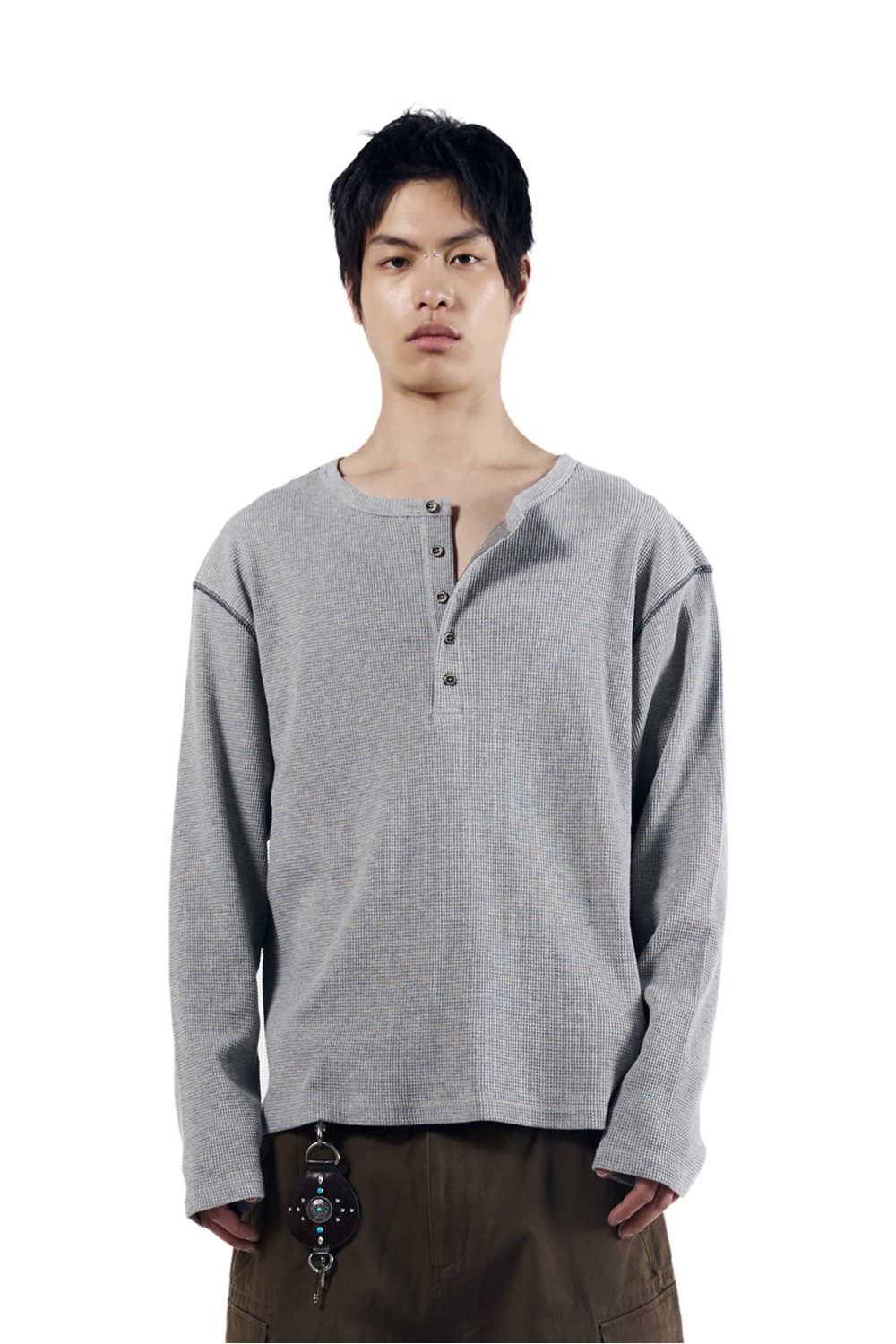 Henry Neck Waffle Long Sleeve (Gray) - AAKAM