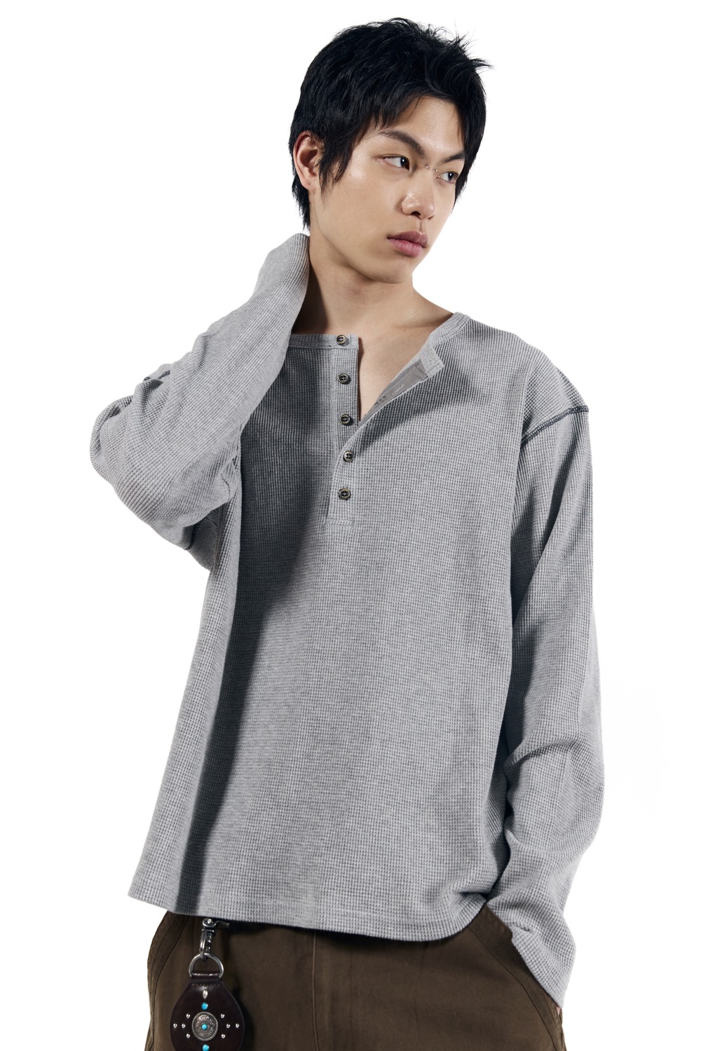 Henry Neck Waffle Long Sleeve (Gray) - AAKAM