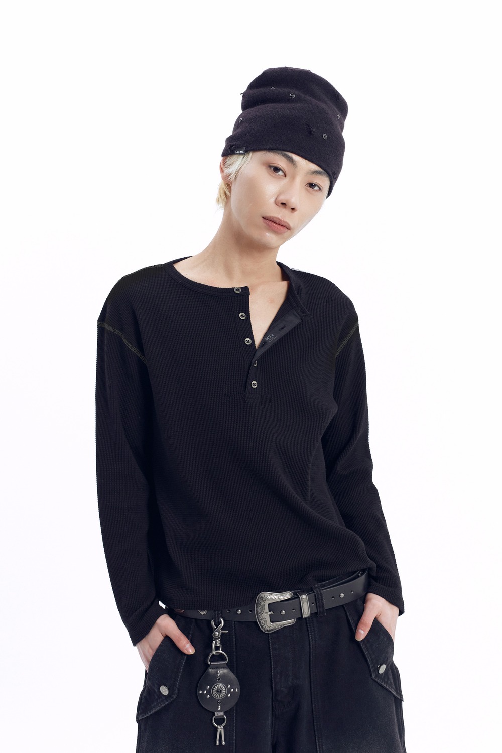 Henry Neck Waffle Long Sleeve (Black) - AAKAM