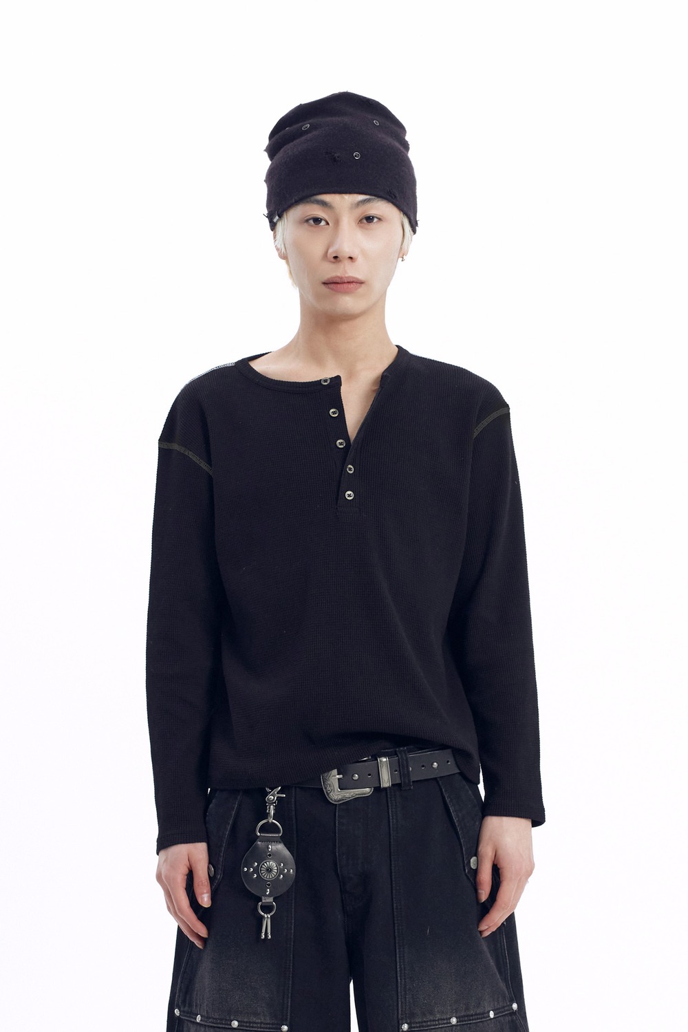 Henry Neck Waffle Long Sleeve (Black) - AAKAM