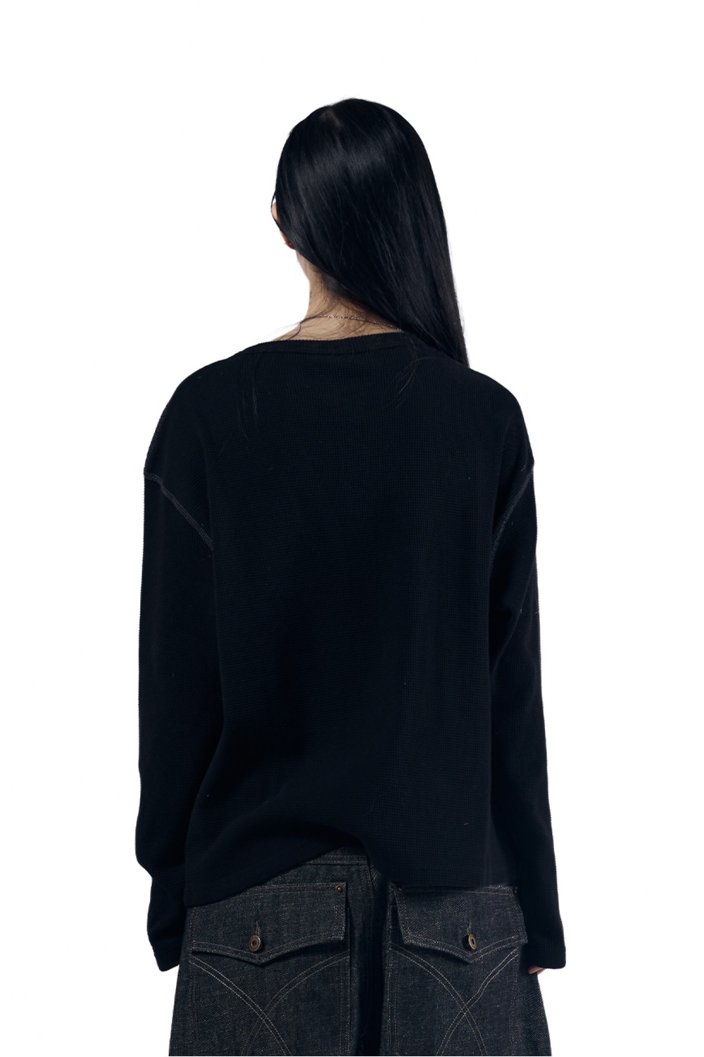 Henry Neck Waffle Long Sleeve (Black) - AAKAM
