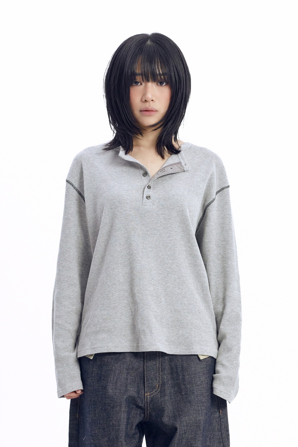 Henry Neck Waffle Long Sleeve (Gray) - AAKAM