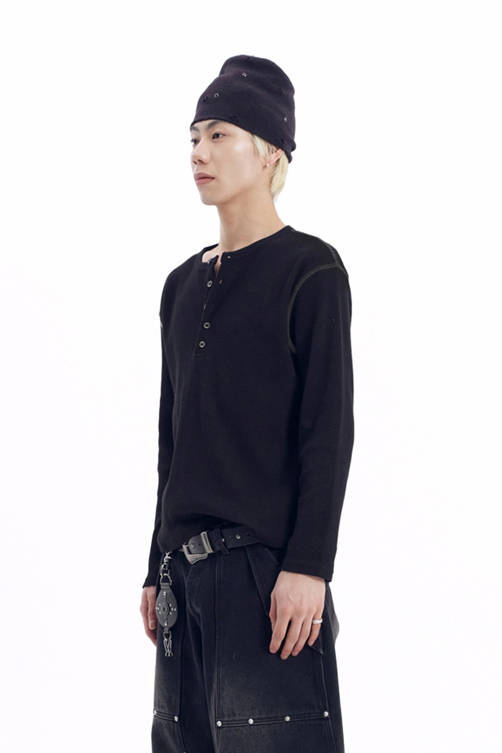 Henry Neck Waffle Long Sleeve (Black) - AAKAM