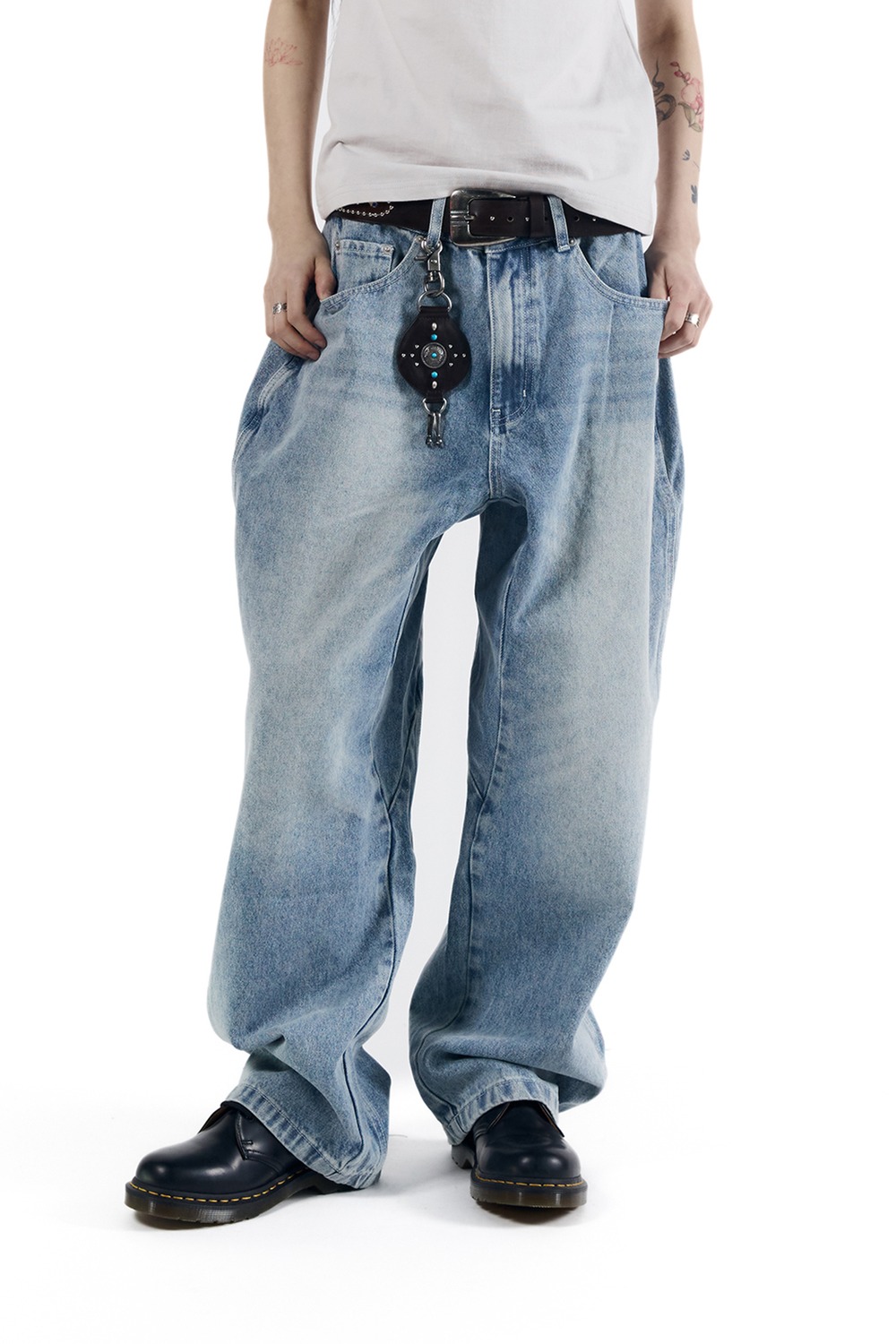 Stitched Baggy Denim Pants (Blue) - AAKAM