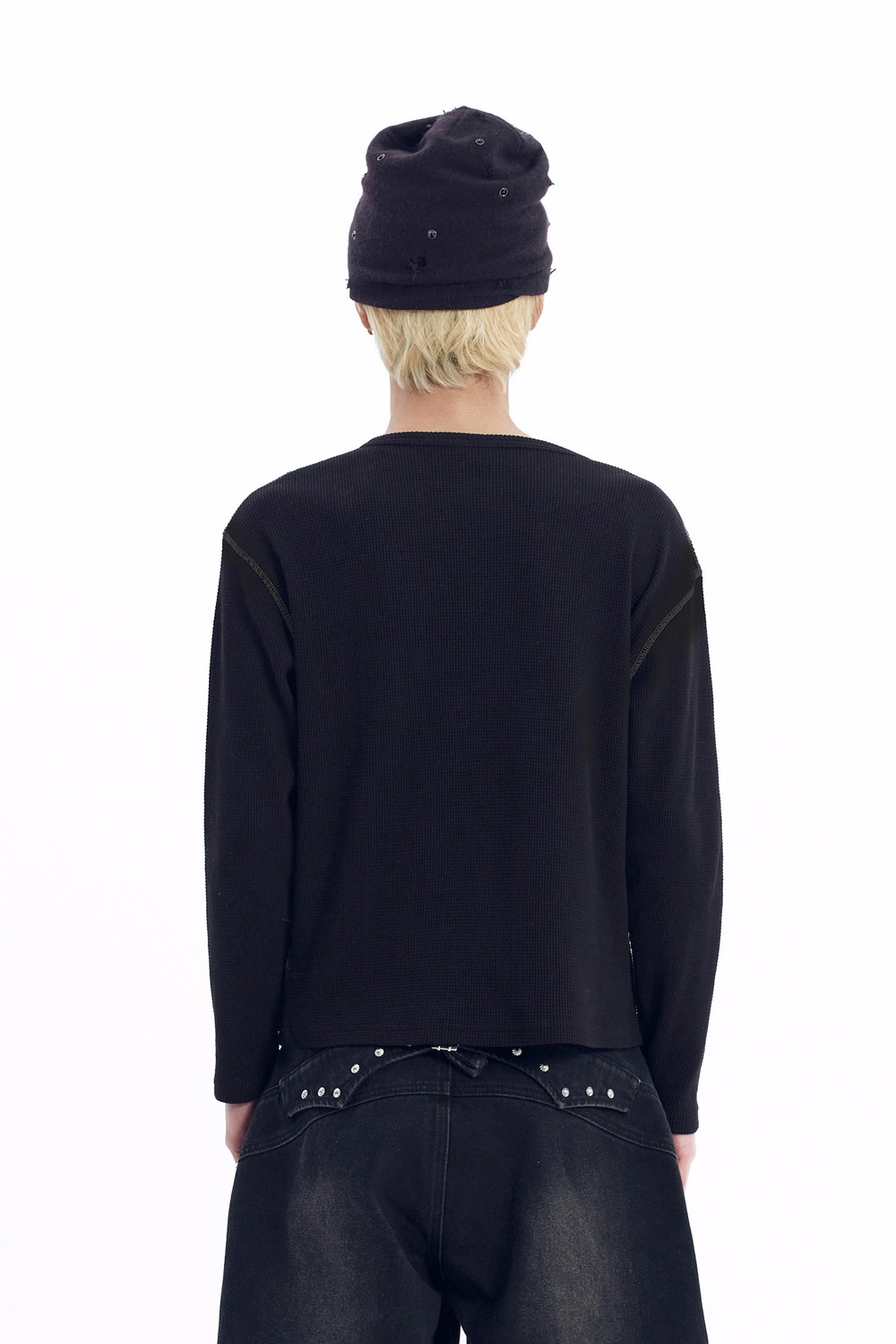 Henry Neck Waffle Long Sleeve (Black) - AAKAM