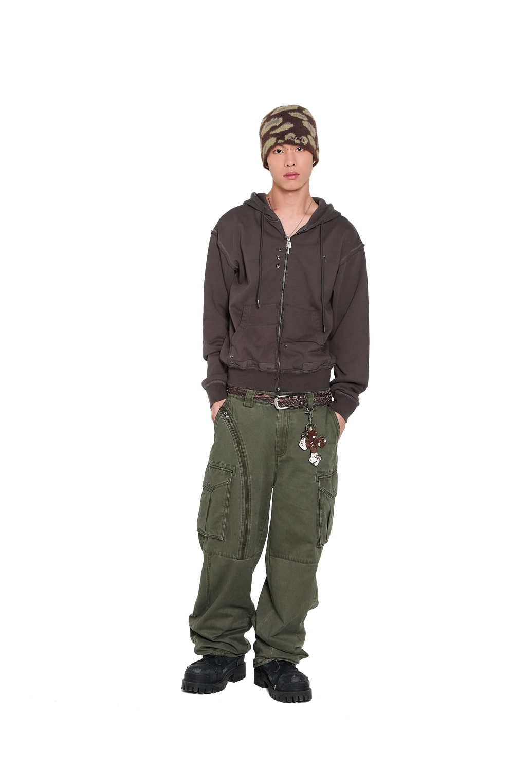 Eyelet Damaged Zip-Up Hoodie (Brown) - AAKAM
