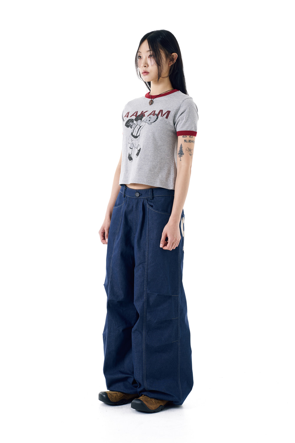 98 Printed Knee Pin-tuck Denim Pants (Blue) | AAKAM