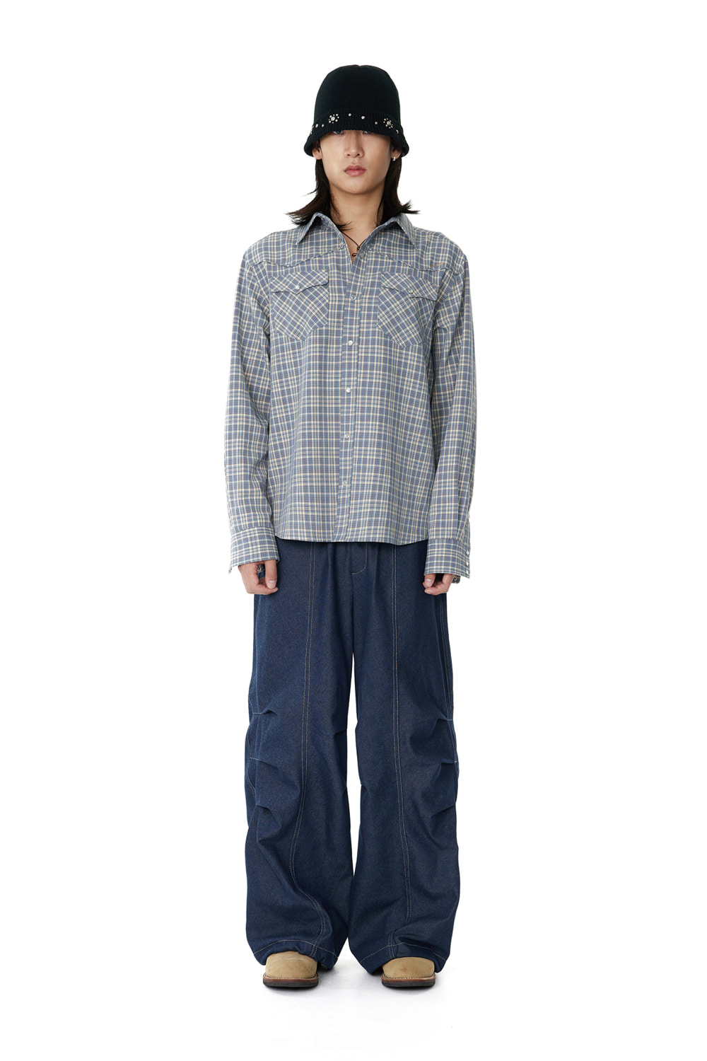 パンツ AAKAM Knee Pin-tuck Printed Denim Pants 7c2c27ba02f95264a14a26661a0cc8