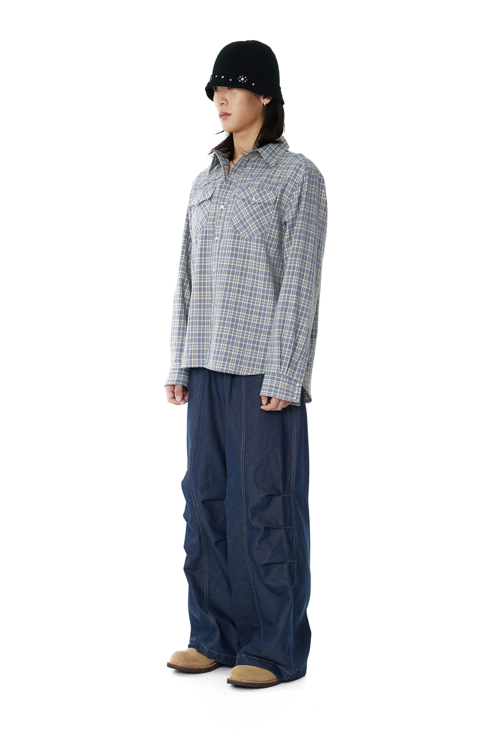 98 Printed Knee Pin-tuck Denim Pants (Blue) | AAKAM