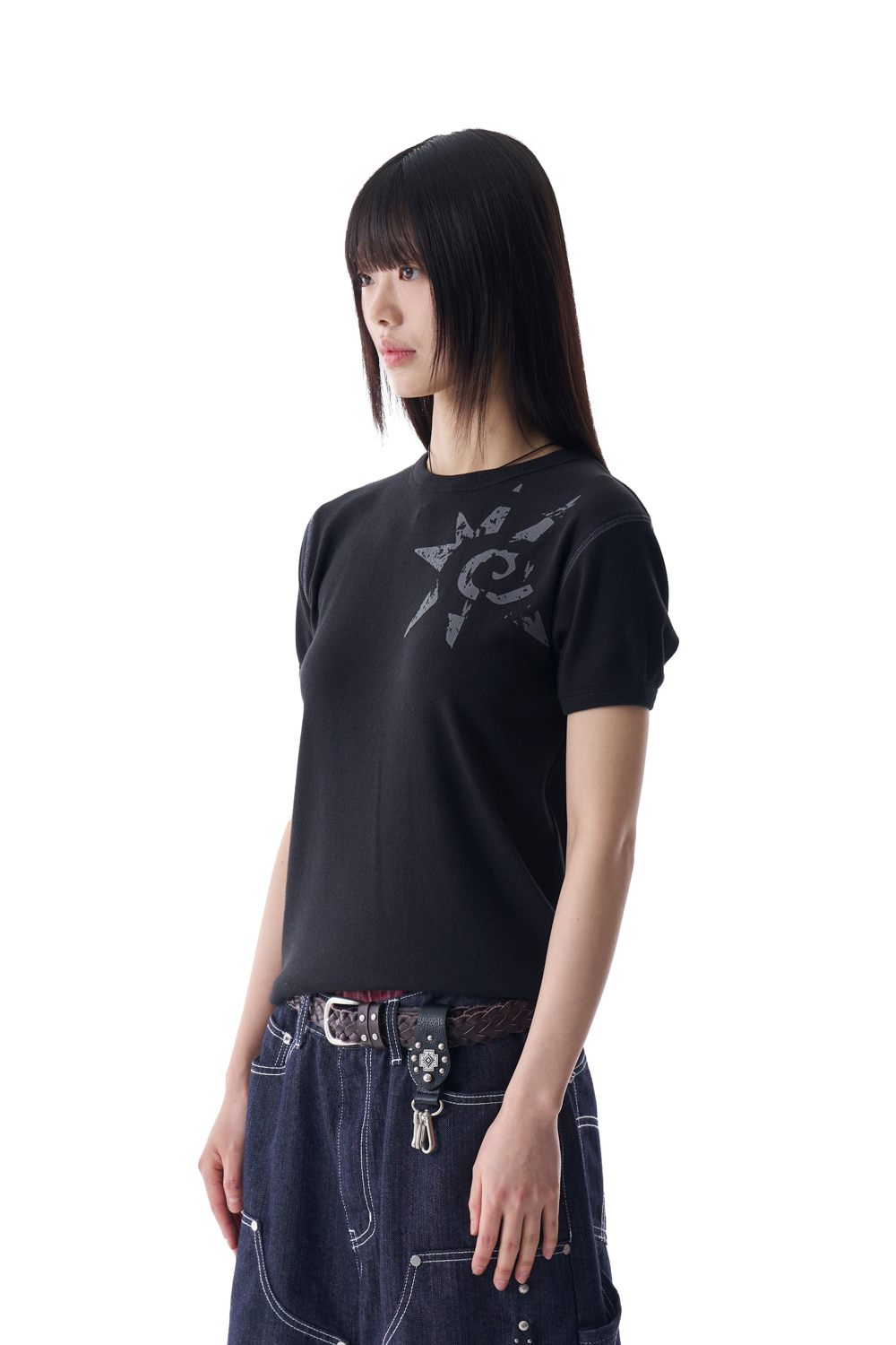 Ribbed Star Ringer Top (Black) | AAKAM