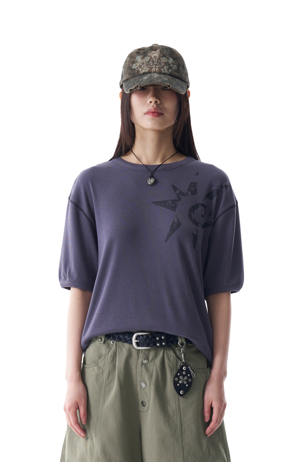 Ribbed Star Ringer Top (Dark Gray) - AAKAM