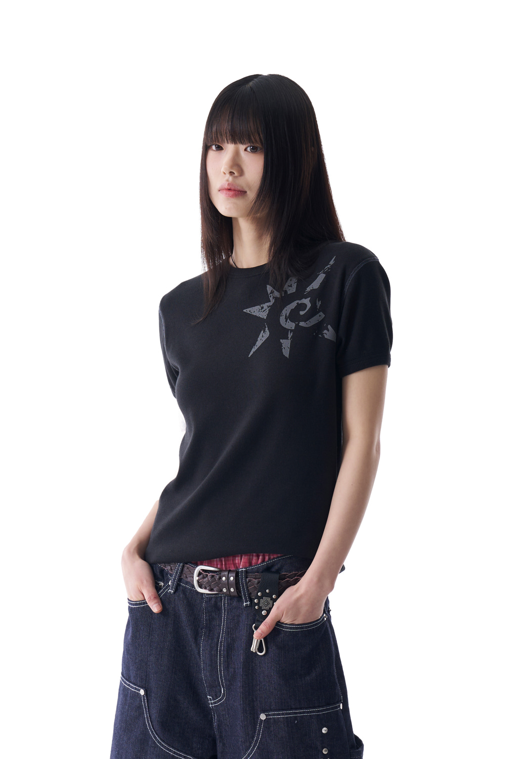 Ribbed Star Ringer Top (Black) | AAKAM