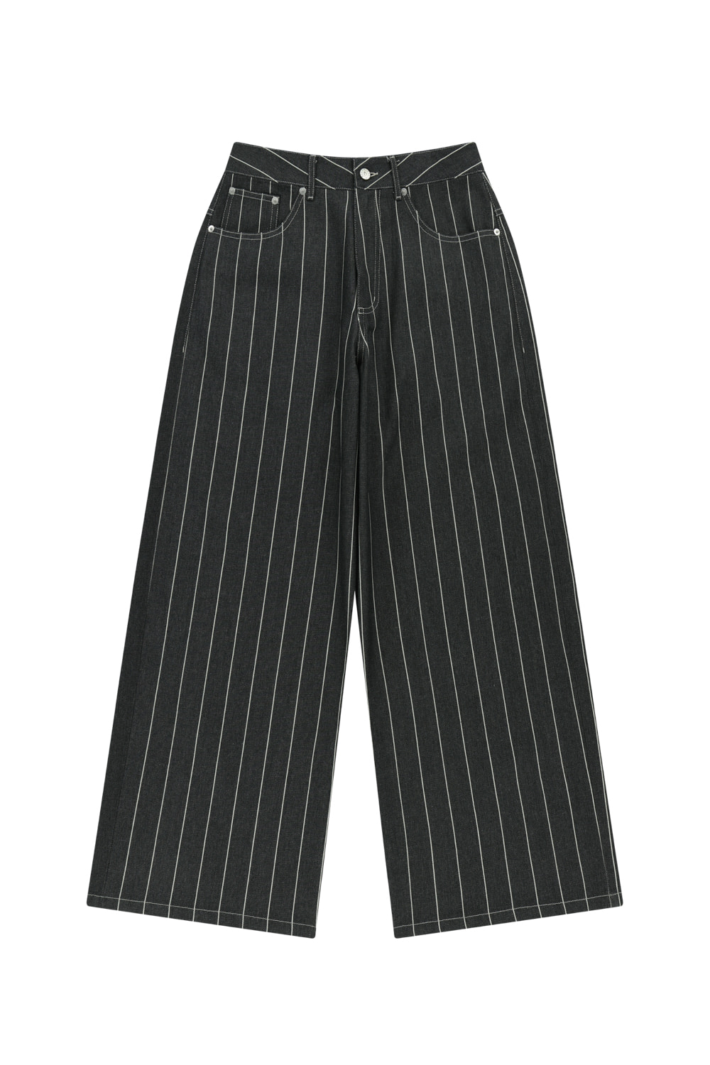 Striped Cinch Back Denim Pants (Black) - AAKAM