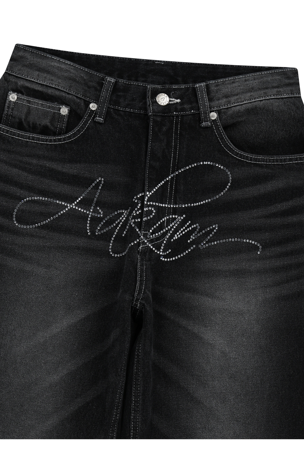 Rhinestone Washed Denim Pants (Black) - AAKAM
