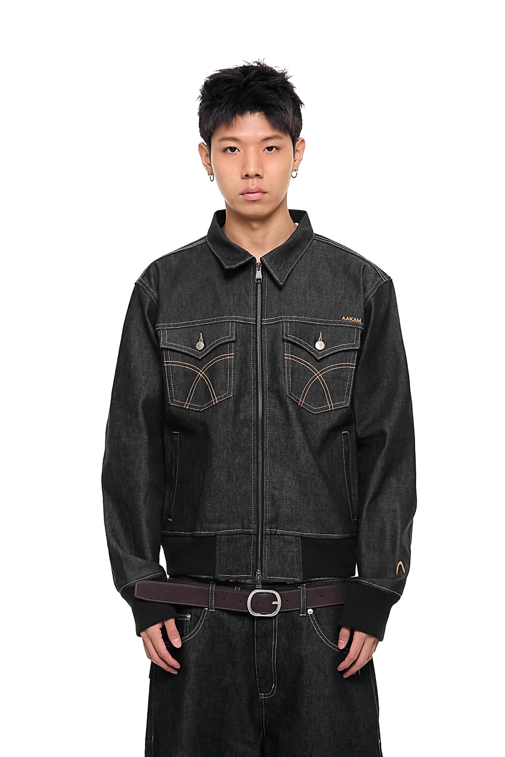 Banding Denim Zip-Up Jacket (Black) - AAKAM