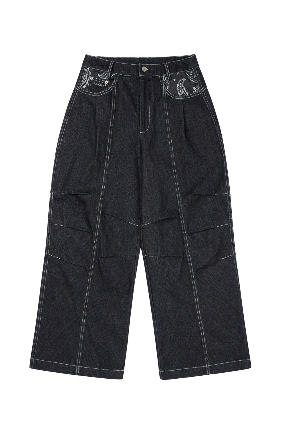 Knee Pin-Tuck Paisley Denim Pants (Black) - AAKAM
