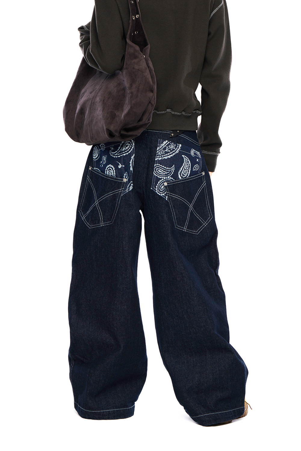 Knee Pin-Tuck Paisley Denim Pants (Blue) - AAKAM