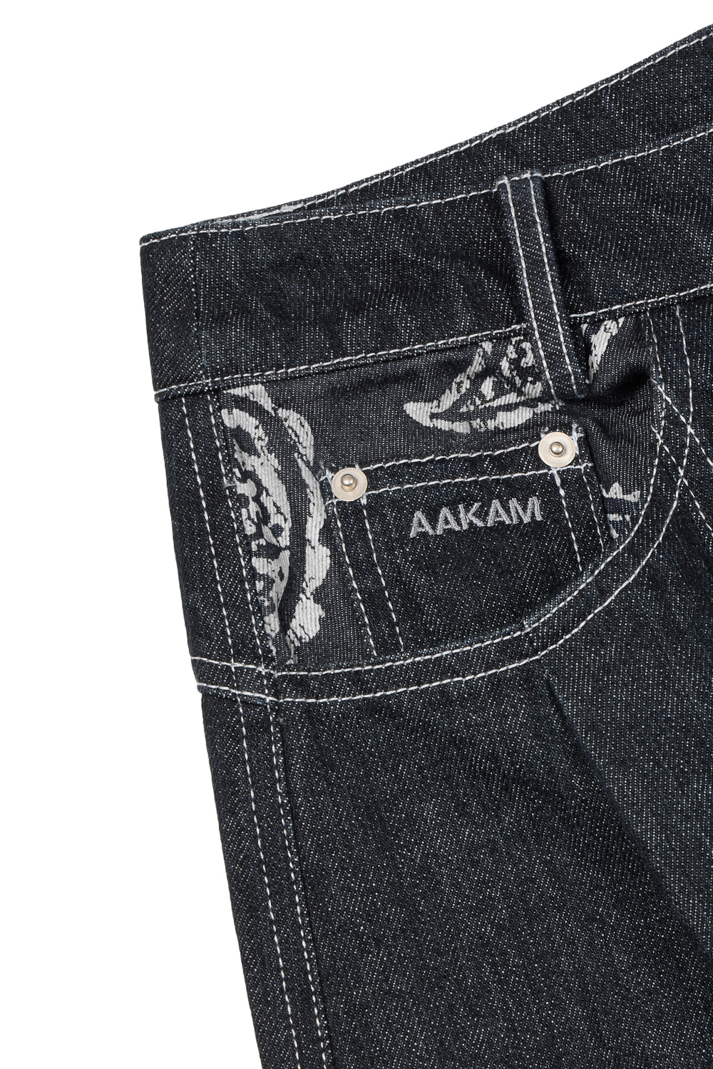 Knee Pin-Tuck Paisley Denim Pants (Black) - AAKAM
