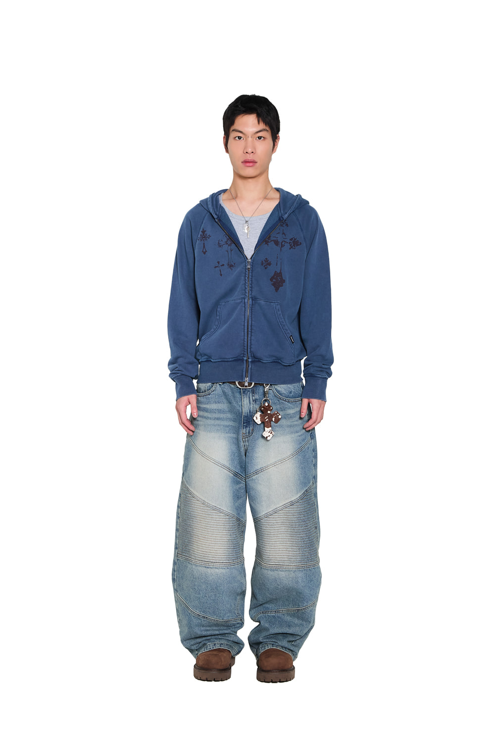 Pigment Dyed Cross Zip-Up Hoodie (Blue) - AAKAM