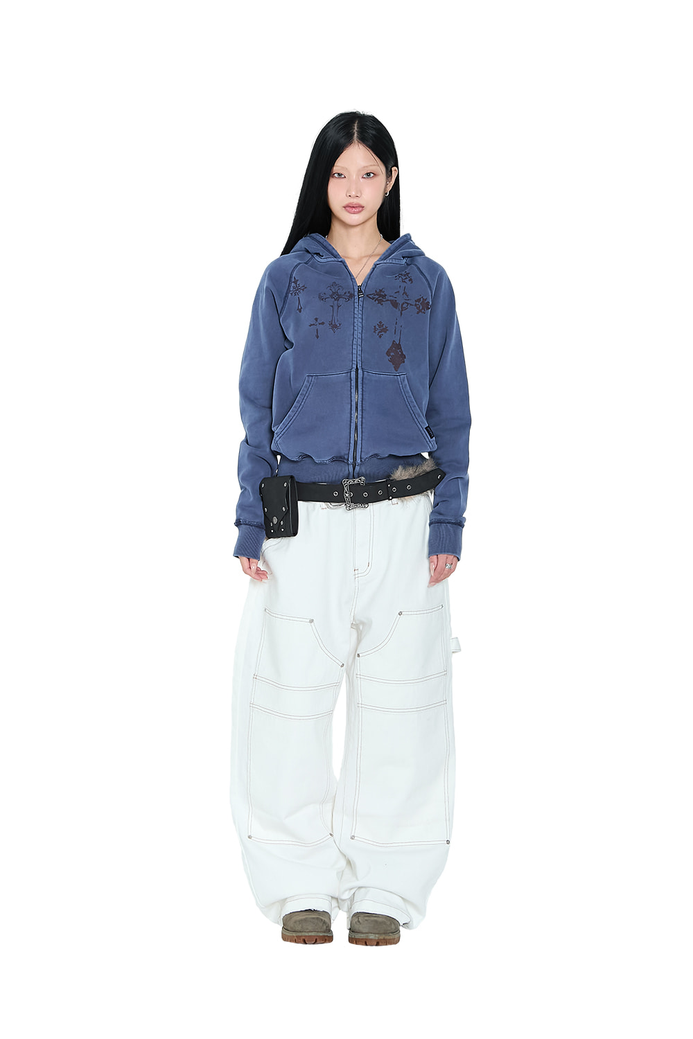 Pigment Dyed Cross Zip-Up Hoodie (Blue) - AAKAM