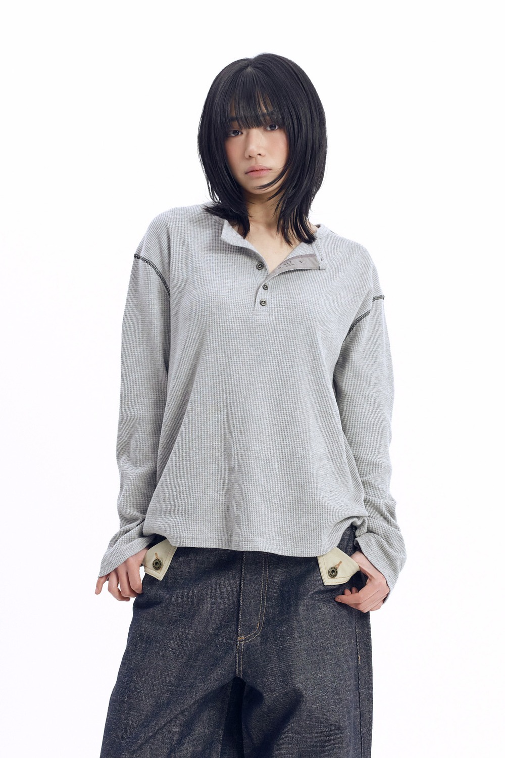 Henry Neck Waffle Long Sleeve (Gray) - AAKAM