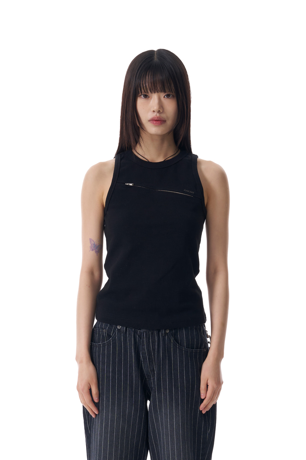 ●AAKAM● 25SS AKM Rhinestone Raglan Half Top Women Sleeveless Gingham Tank Tops Square Neck Tie Front