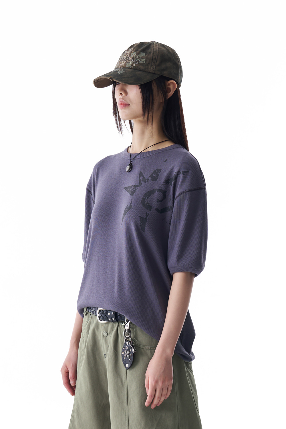 Ribbed Star Ringer Top (Dark Gray) - AAKAM