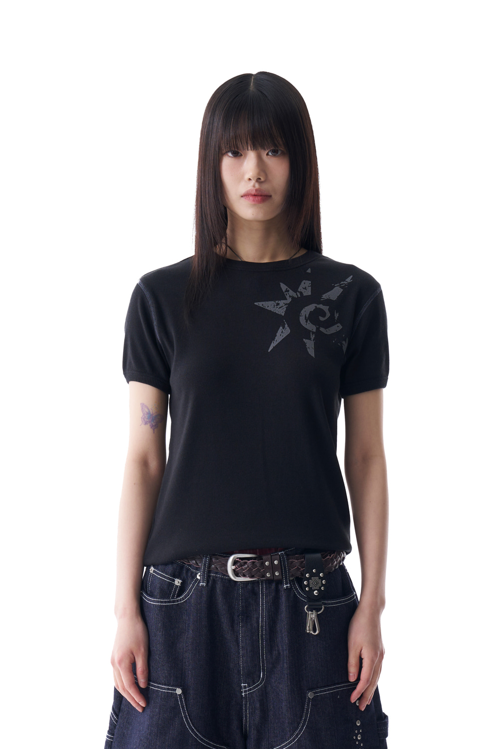 Ribbed Star Ringer Top (Black) | AAKAM