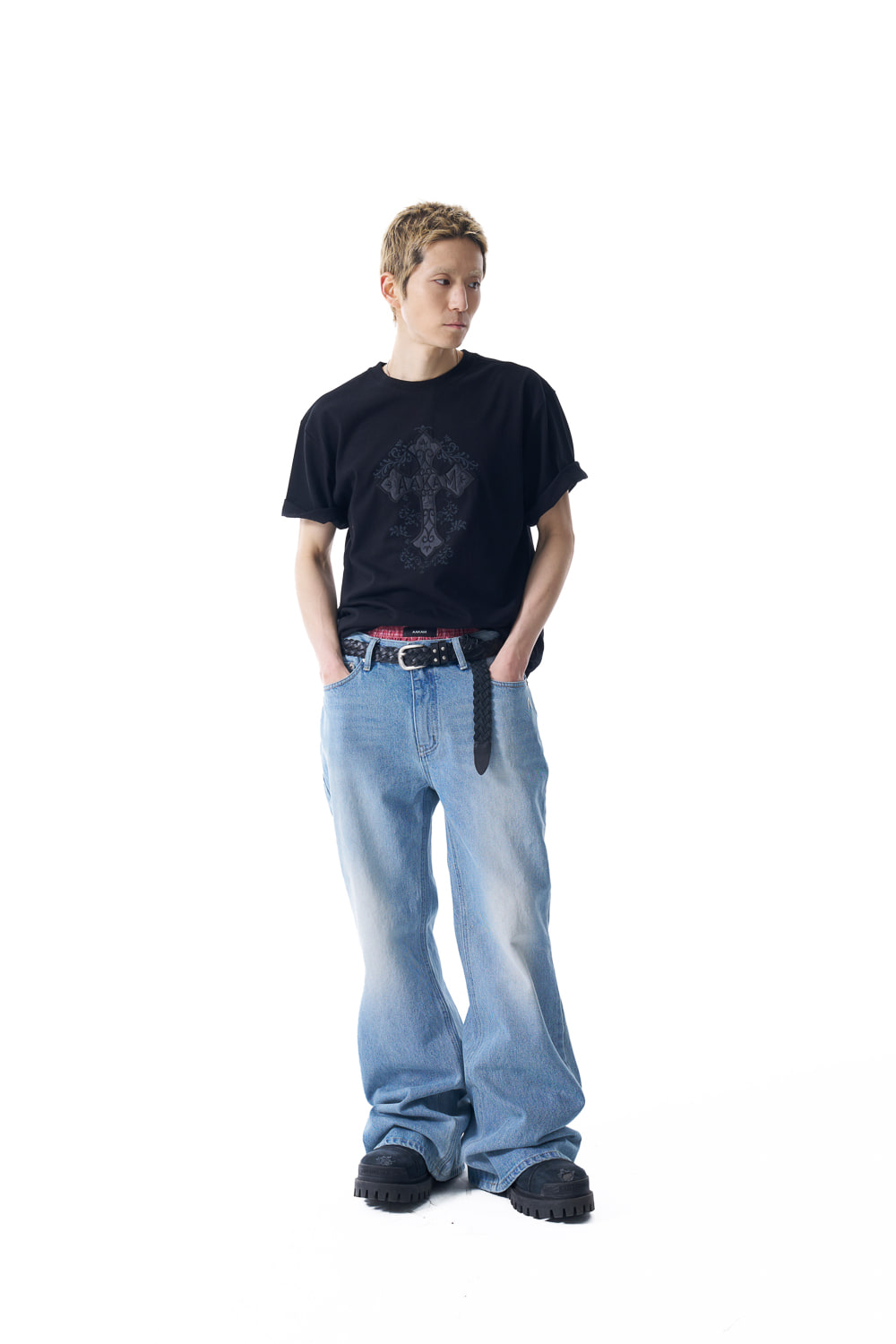 十字架 ユニセックス Tシャツ [AAKAM] AKM CROS2 HALF TOP AKM CROS2 Half Top (Black) - AAKAM