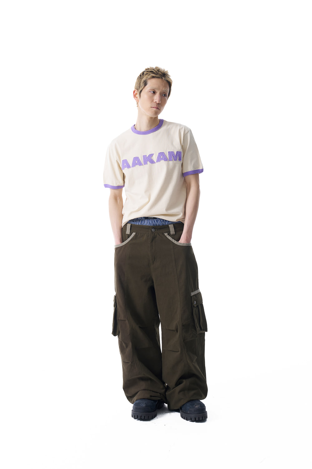 Knee Pin-tuck Contrast Cargo Pants (Khaki) - AAKAM